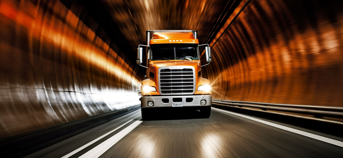 A semi truck driving through a tunnel at night. Generative AI image.